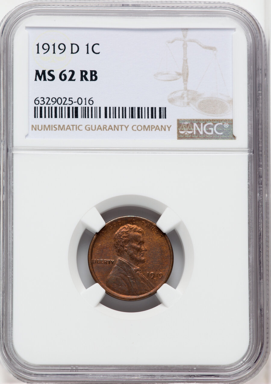 1919-D 1C MS62 Red and Brown NGC. NGC Census: (30/256). PCGS Population: (27/512). MS62. Mintage 57,154,000. ...