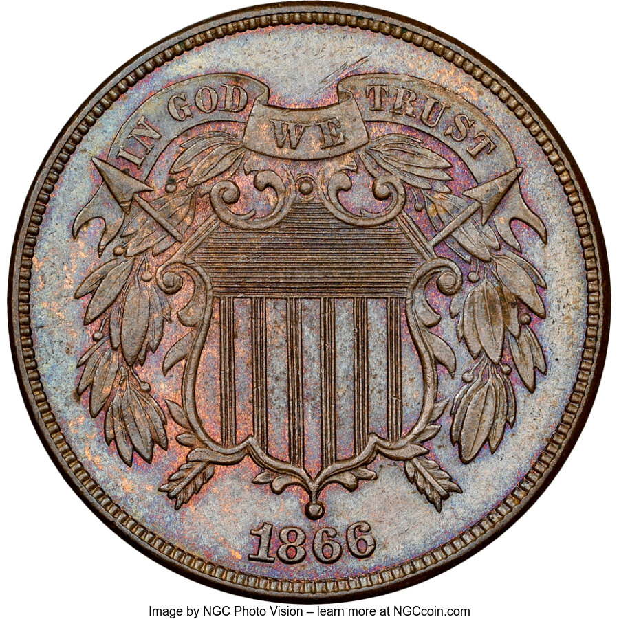 1866 2C MS65 Brown NGC. NGC Census: (34/4). PCGS Population: (17/3). CDN: $360 Whsle. Bid for NGC/PCGS MS65. Mintage 3,177,...