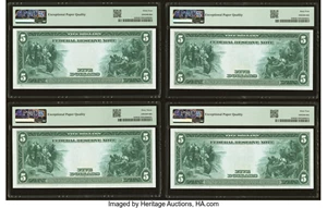 image for: Fr. 850 $5 1914 Federal Reserve Notes Cut Sheet of Four PMG Graded....