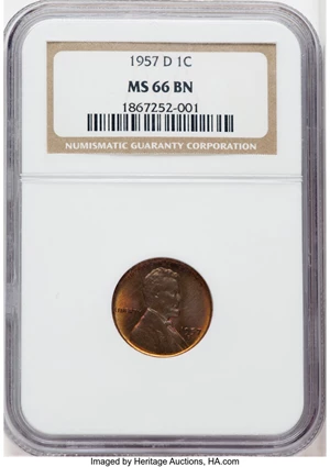 image for: 1957-D 1C MS66 Brown NGC. NGC Census: (50/6). PCGS Population: (32/3). CDN: $8 Whsle. Bid for NGC/PCGS MS66. Mintage 1,051,...