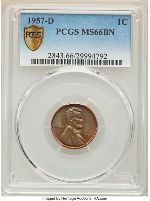 image for: 1957-D 1C MS66 Brown PCGS. PCGS Population: (32/3 and 0/1+). NGC Census: (50/6 and 1/0+). CDN: $8 Whsle. Bid for NGC/PCGS M...