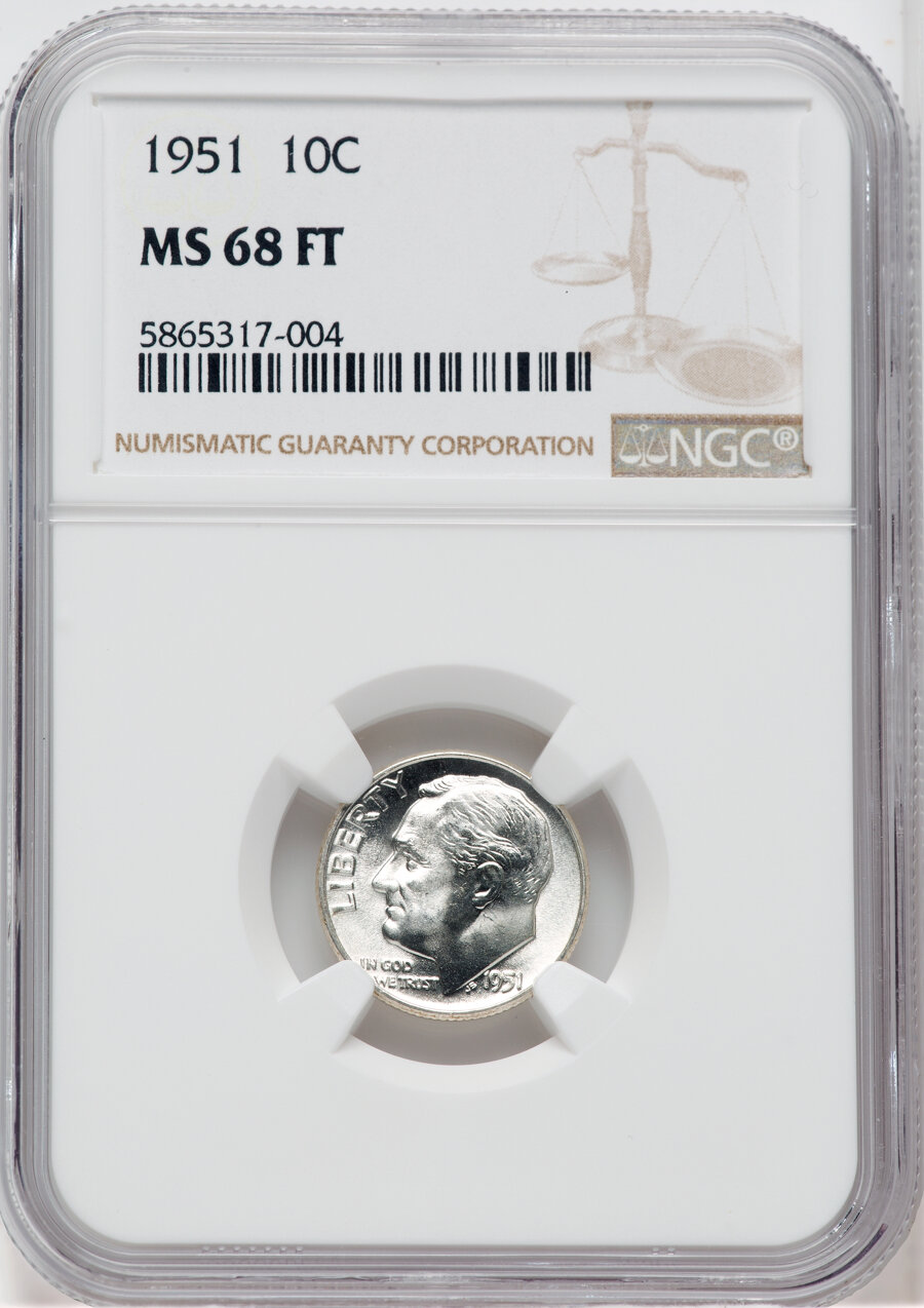 1951 10C MS68 Full Bands NGC. NGC Census: (7/0). PCGS Population: (7/0). CDN: $2,500 Whsle. Bid for NGC/PCGS MS68. Mintage ...