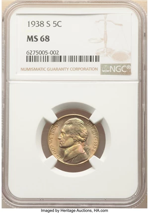 image for: 1938-S 5C MS68 NGC. NGC Census: (1/0). PCGS Population: (1/0). Mintage 4,105,000. ...