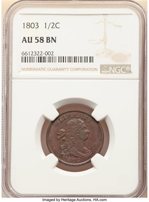 image for: 1803 1/2 C C-4, B-4, R.3, AU58 NGC. NGC Census: (1/0). PCGS Population: (1/0). CDN: $7,500 Whsle. Bid for NGC/PCGS AU58. ...