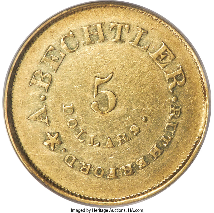 (1842-52) G$5  A.Bechtler, 134 GR, 21C, K-27 AU55 thumbnail 2