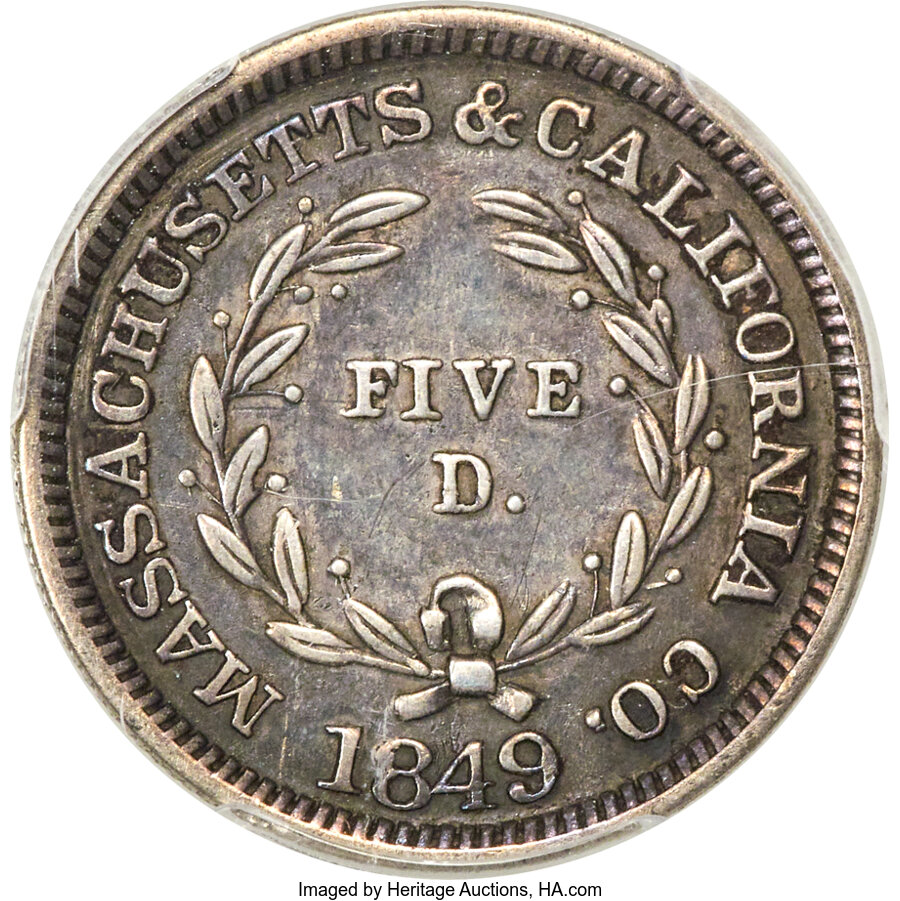 1849 DT$5 Massachusetts & California Co., Silver Die Trial MS thumbnail 7