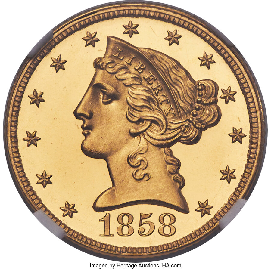 image for: 1858 $5 PR66★  Ultra Cameo NGC. JD-1, R.7....