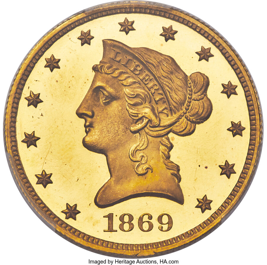 1869 $10 PR64 Deep Cameo PCGS. CAC. JD-1, Low R.7. ...
