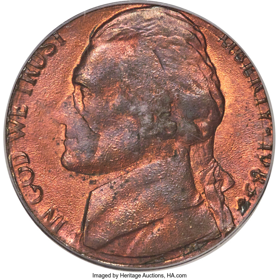 1983-P 5C Jefferson Nickel -- Double Denomination on a Struck Cent -- MS63 Red and Brown PCGS. ...