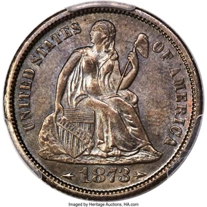 image for: 1873-S 10C Arrows, Small Thin S, Repunched Date, F-101, R.4, MS65 PCGS. CAC....