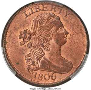 image for: 1806 1/2 C Large 6, Stems, C-4, B-4, R.1, MS63 Red PCGS. CAC....