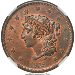 image for: 1839 1C Booby Head, N-11, R.1, MS64+ Red and Brown NGC....