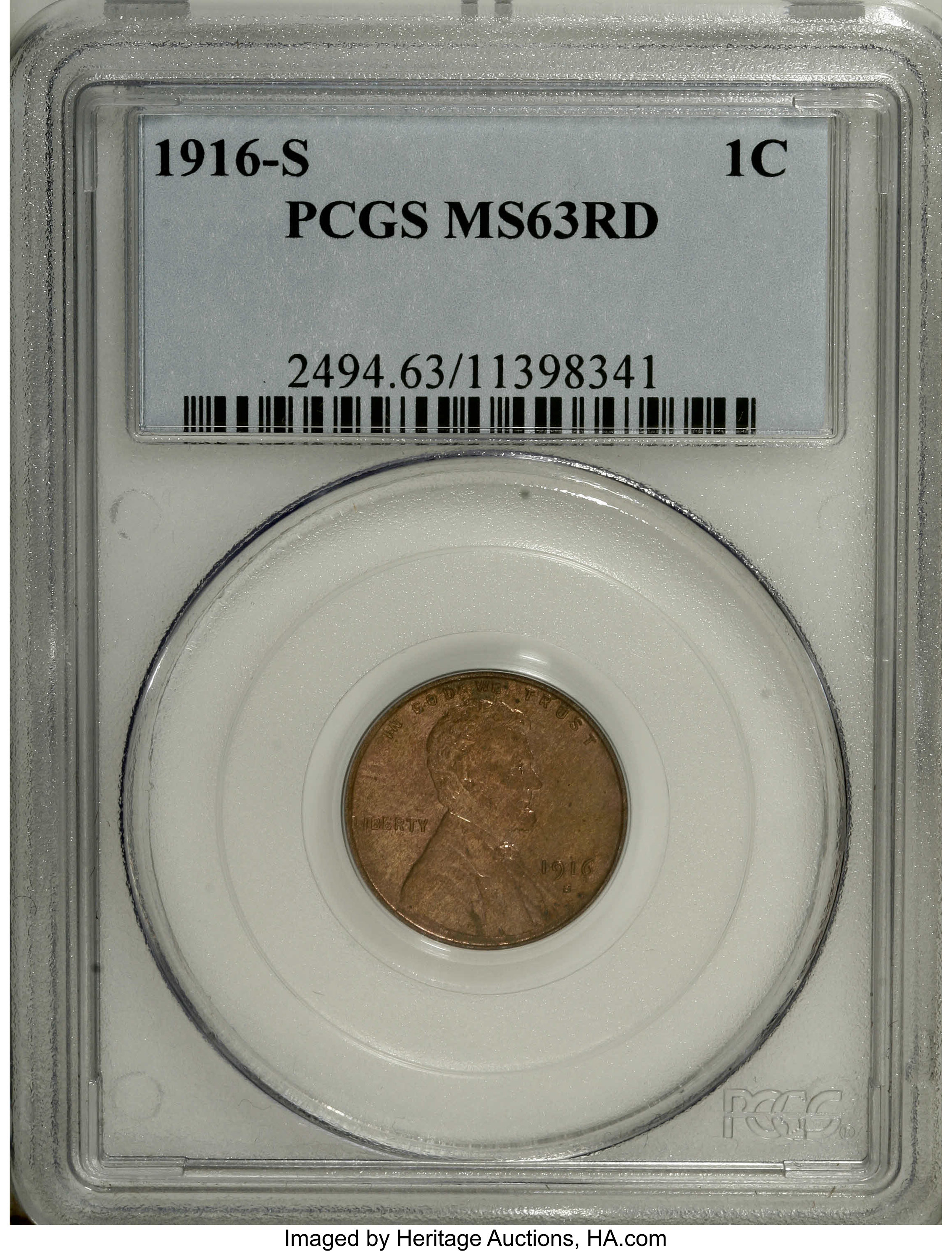 1916-S 1C MS63 Red PCGS. Copper-gold coloration is slightly broken on the reverse with blushes of crimson and forest green....