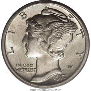 image for: 1917-S 10C MS67 PCGS. This is a Superb Mint State example in a green label PCGS holder. Both sides are brilliant with silve...