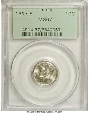 image for: 1917-S 10C MS67 PCGS. This is a Superb Mint State example in a green label PCGS holder. Both sides are brilliant with silve...