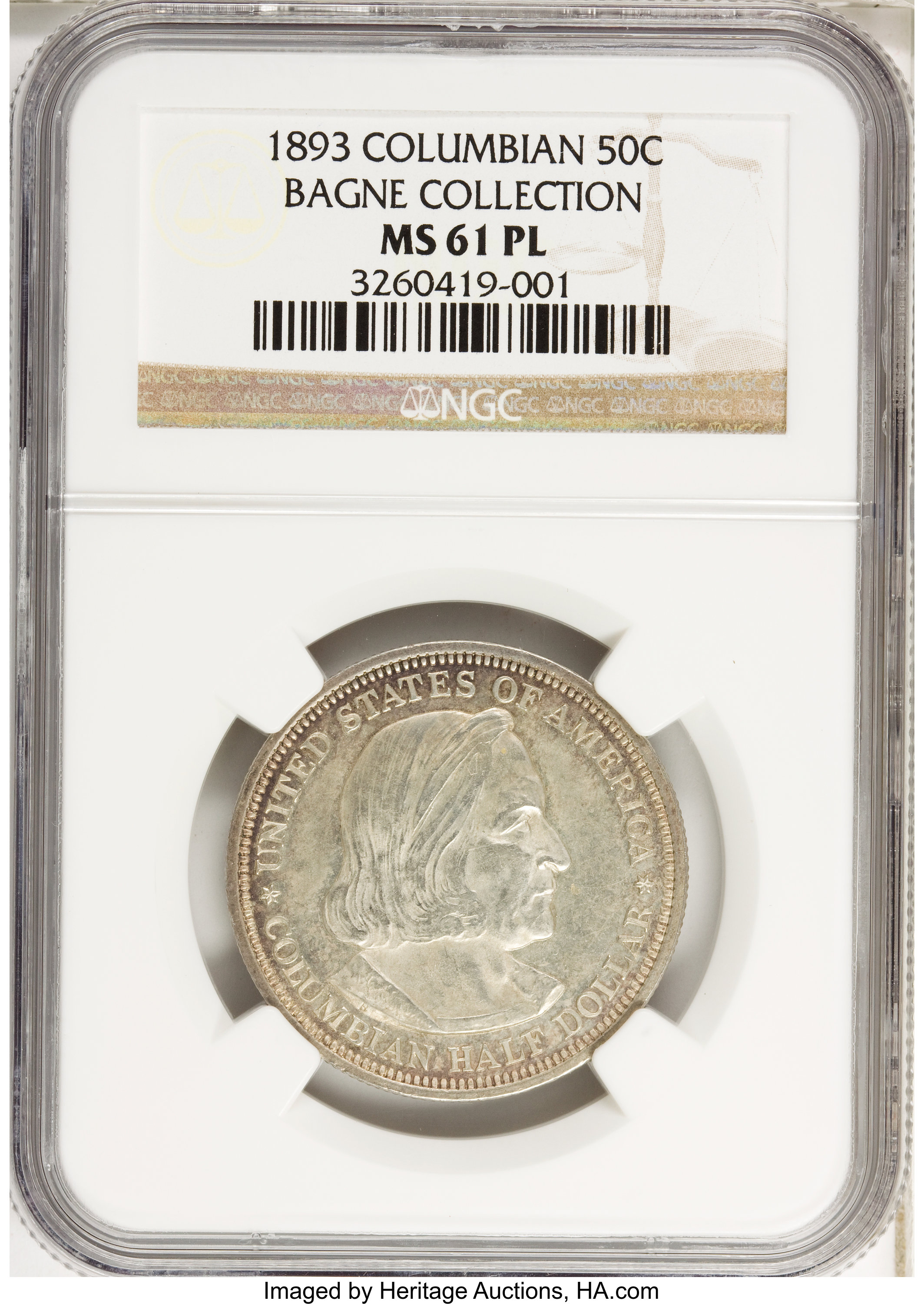 1893 50C Columbian MS61 Prooflike NGC. Ex:Bagne Collection. NGC Census: (7/186). PCGS Population (0/0). Mintage: 1,550,405....