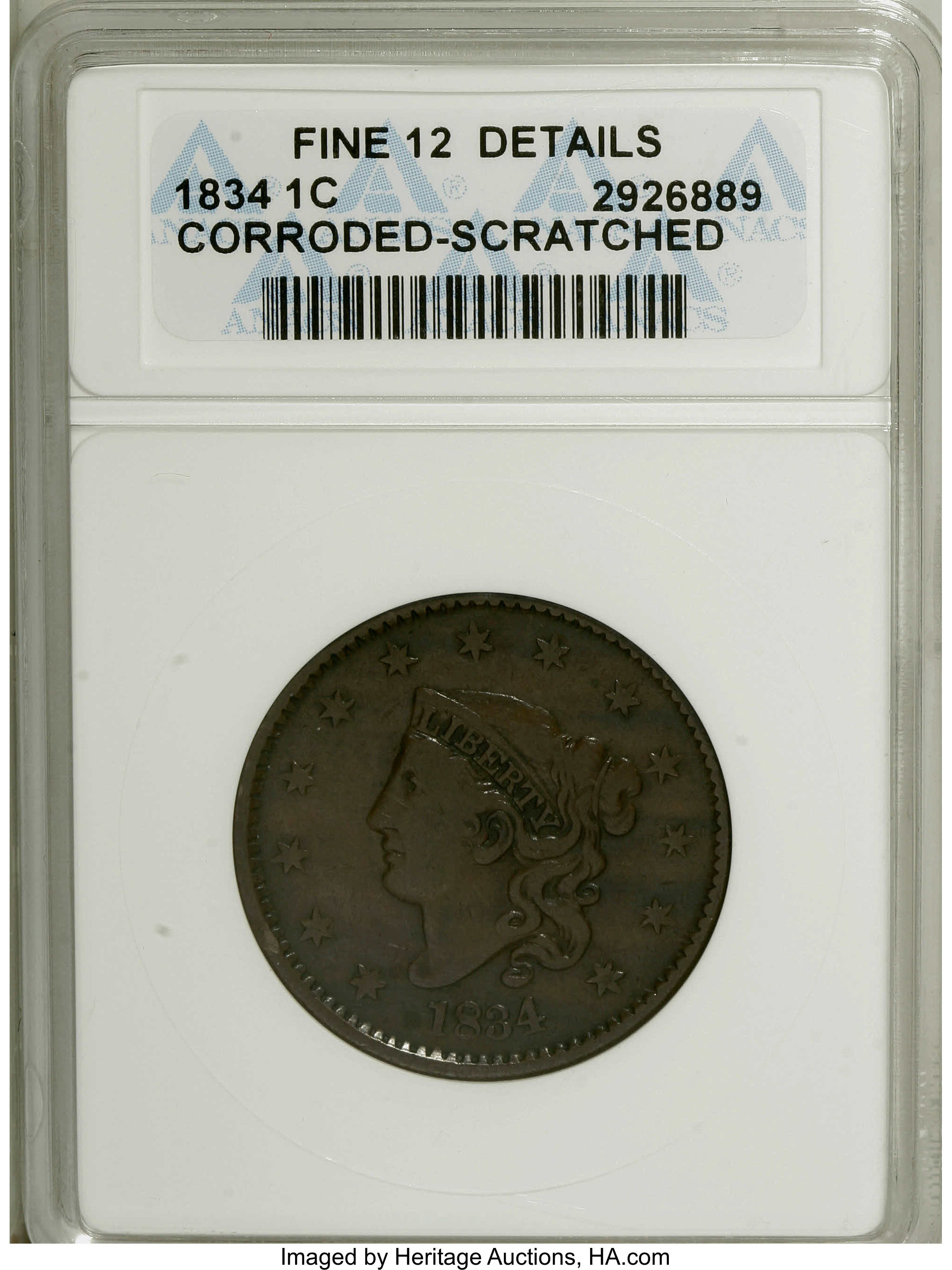 1834 1C Large 8, Small Stars, Medium Letters--Cleaned, Scratched--ANACS. Fine 12 Details. NGC Census: (2/169). PCGS Populat...