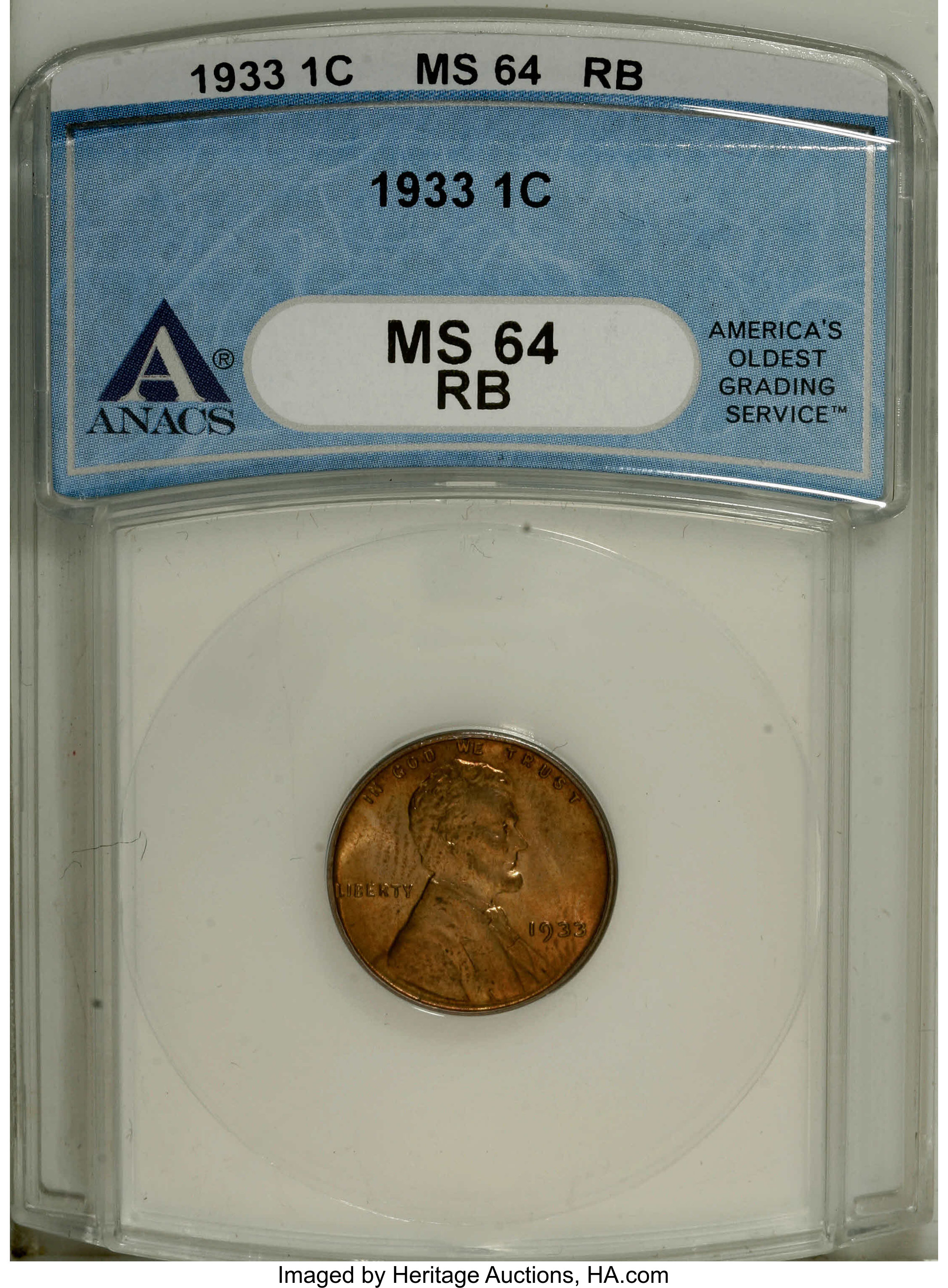 1933 1C MS64 Red and Brown ANACS. NGC Census: (32/25). PCGS Population (28/18). Mintage: 14,360,000. Numismedia Wsl. Price:...