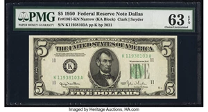 image for: Fr. 1961-K $5 1950 Narrow Federal Reserve Note. PMG Choice Uncirculated 63 EPQ....