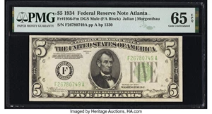 image for: Fr. 1956-F $5 1934 Mule Federal Reserve Note. PMG Gem Uncirculated 65 EPQ....