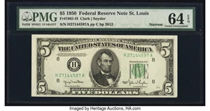 image for: Fr. 1961-H $5 1950 Narrow Federal Reserve Note. PMG Choice Uncirculated 64 EPQ....