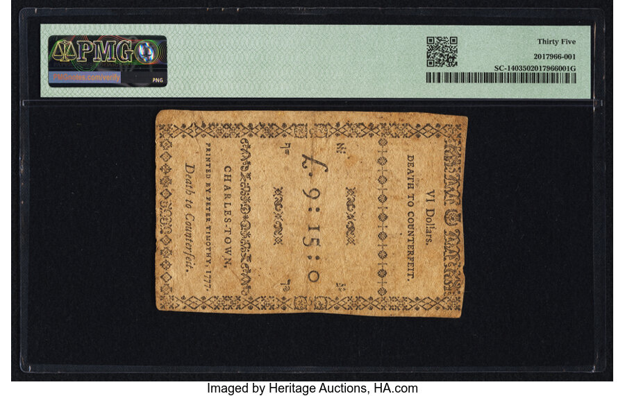 Dec 23, 1776,1777 on the back $6  South Carolina (Fr. SC140) thumbnail 11