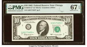 image for: Fr. 2016-G* $10 1963 Federal Reserve Star Note. PMG Superb Gem Unc 67 EPQ....