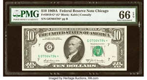 image for: Fr. 2019-G* $10 1969A Federal Reserve Star Note. PMG Gem Uncirculated 66 EPQ....