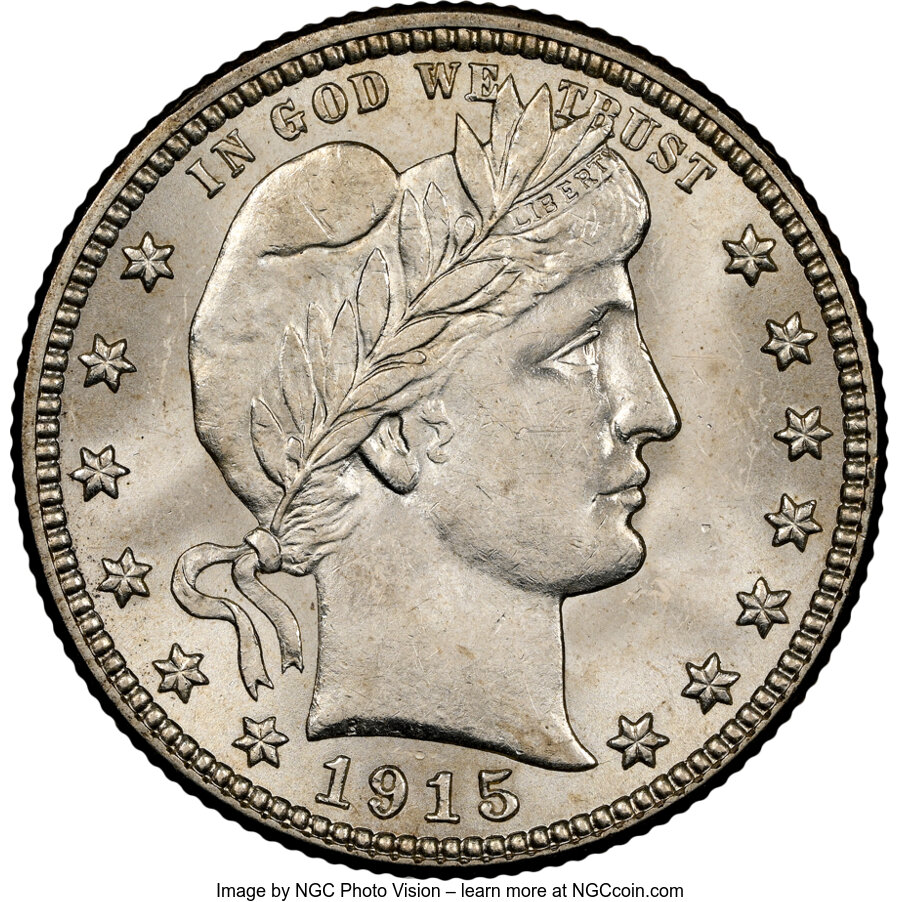 1915-D 25C MS62 NGC. NGC Census: (84/370). PCGS Population: (113/609). CDN: $230 Whsle. Bid for NGC/PCGS MS62. Mintage 3,69...