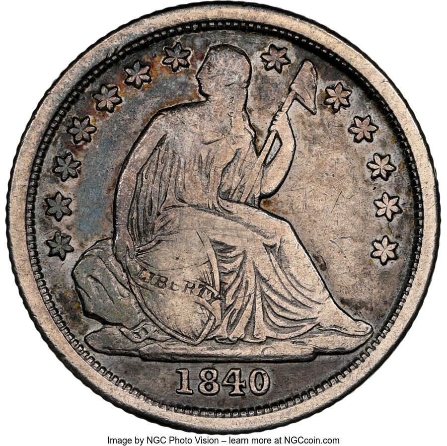 1840-O 10C No Drapery VF30 NGC. NGC Census: (5/37). PCGS Population: (21/121). CDN: $180 Whsle. Bid for NGC/PCGS VF30. Mint...