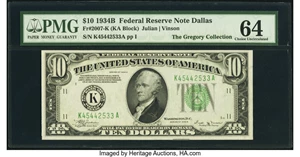 image for: Fr. 2007-K $10 1934B Federal Reserve Note. PMG Choice Uncirculated 64....