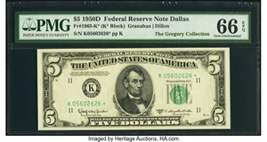 image for: Fr. 1965-K* $5 1950D Federal Reserve Star Note. PMG Gem Uncirculated 66 EPQ....