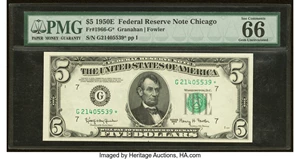 image for: Fr. 1966-G* $5 1950E Federal Reserve Star Note. PMG Gem Uncirculated 66 EPQ....