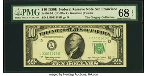 image for: Fr. 2015-L $10 1950E Federal Reserve Note. PMG Superb Gem Unc 68 EPQ....