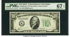 image for: Fr. 2008-K $10 1934C Wide Federal Reserve Note. PMG Superb Gem Unc 67 EPQ....