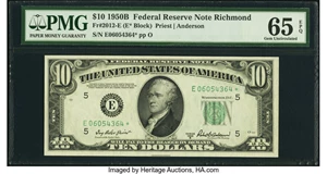 image for: Fr. 2012-E* $10 1950B Federal Reserve Star Note. PMG Gem Uncirculated 65 EPQ....