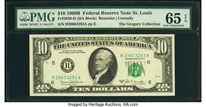 image for: Fr. 2020-H $10 1969B Federal Reserve Note. PMG Gem Uncirculated 65 EPQ....