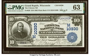 image for: Grand Rapids, WI - $10 1902 Plain Back Fr. 629 The Citizens National Bank Ch. # (M)10330 PMG Choice Uncirculated 63....