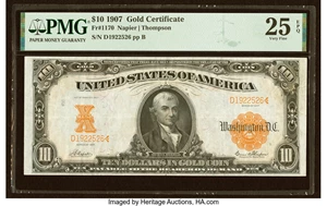 image for: Fr. 1170 $10 1907 Gold Certificate PMG Very Fine 25 EPQ....