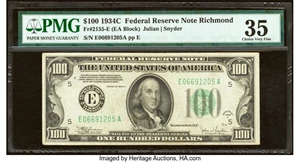 image for: Fr. 2155-E $100 1934C Federal Reserve Note. PMG Choice Very Fine 35....