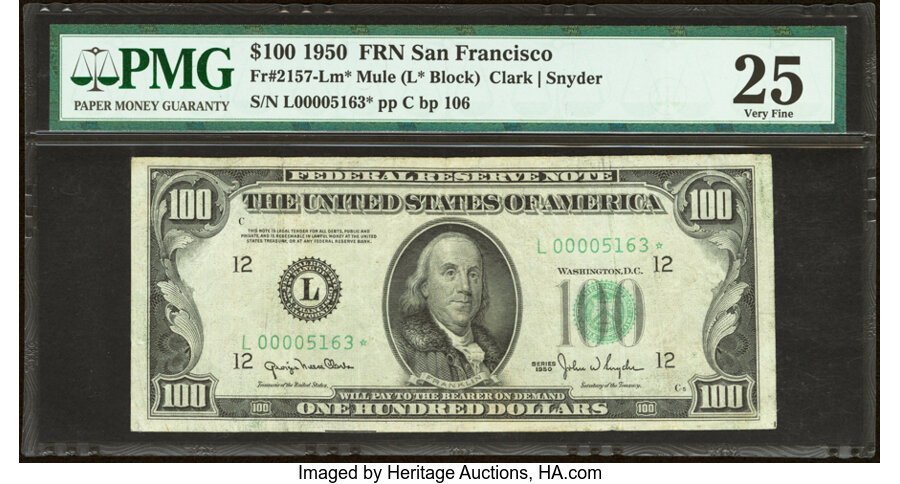 Fr. 2157-L* $100 1950 Mule Federal Reserve Star Note. PMG Very Fine 25. ...