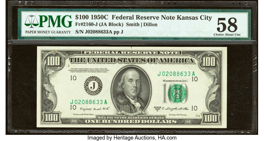 Fr. 2160-J $100 1950C Federal Reserve Note. PMG Choice About Unc 58. ...