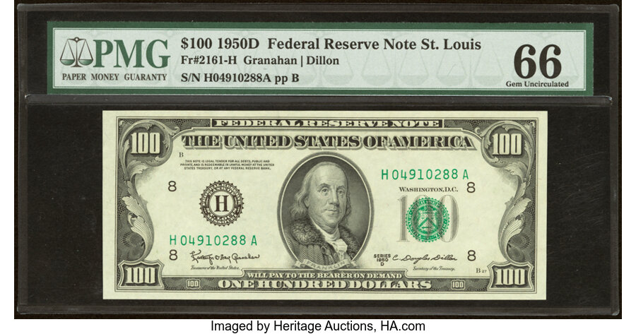 Fr. 2161-H $100 1950D Federal Reserve Note. PMG Gem Uncirculated 66. ...