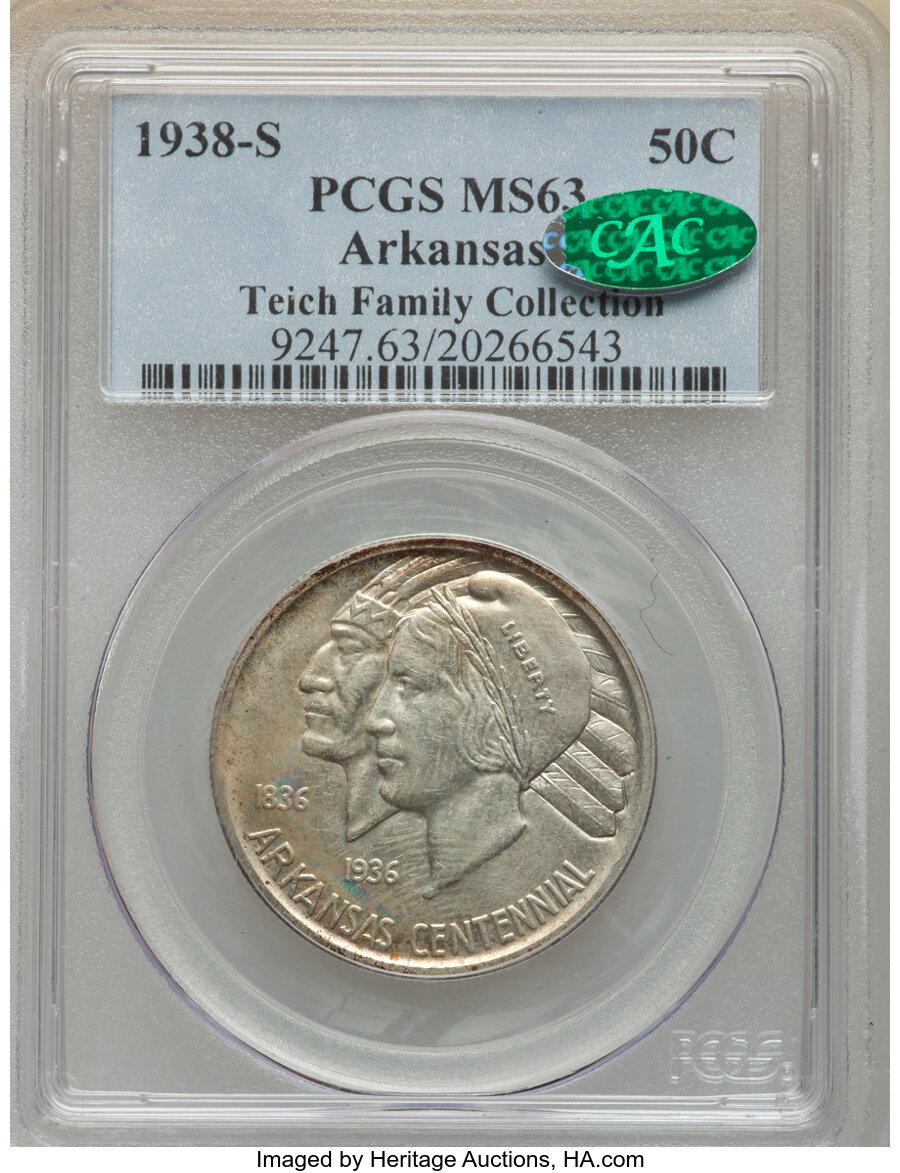 1938-S 50C Arkansas MS63 PCGS. CAC. Ex: Teich Family Collection. PCGS Population: (189/649). NGC Census: (85/419). CDN: $14...
