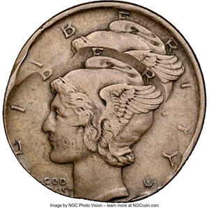 image for: No Date 10C Mercury Dime -- Double Struck, Second Strike Off Center -- AU55 NGC....