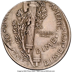 image for: No Date 10C Mercury Dime -- Double Struck, Second Strike Off Center -- AU55 NGC....