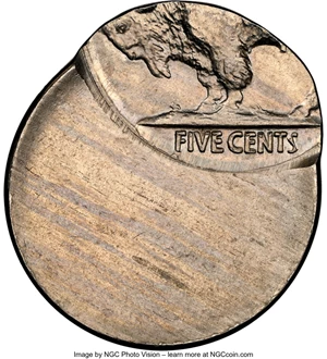image for: No Date 5C Type Two, Buffalo Nickel -- Struck 65% Off Center -- MS65 NGC....