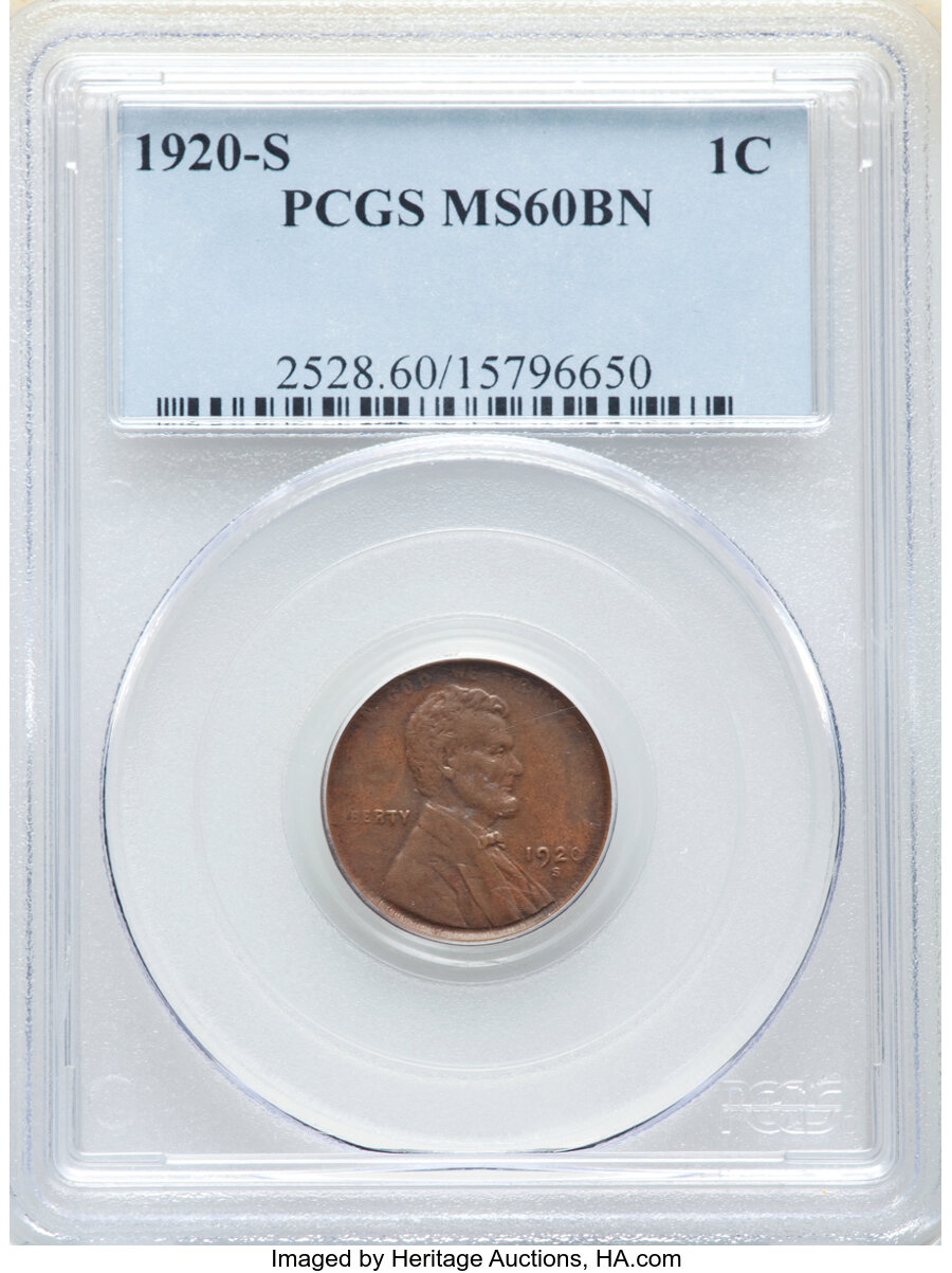 1920-S 1C MS60 Brown PCGS. PCGS Population: (2/389). NGC Census: (0/209). CDN: $85 Whsle. Bid for NGC/PCGS MS60. Mintage 46...