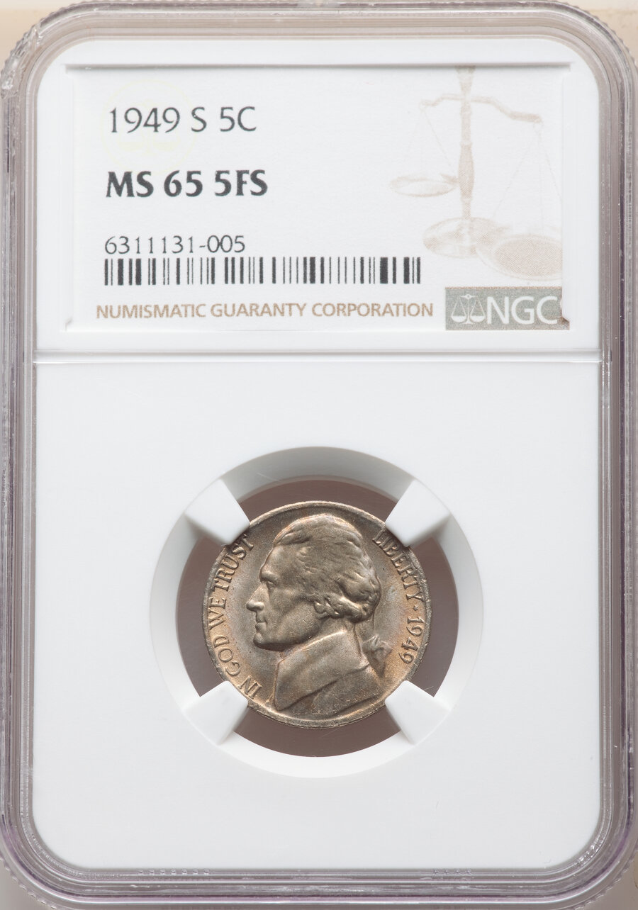 1949-S 5C MS65 Full Steps NGC. NGC Census: (10/28). PCGS Population: (100/45). CDN: $200 Whsle. Bid for NGC/PCGS MS65. ...