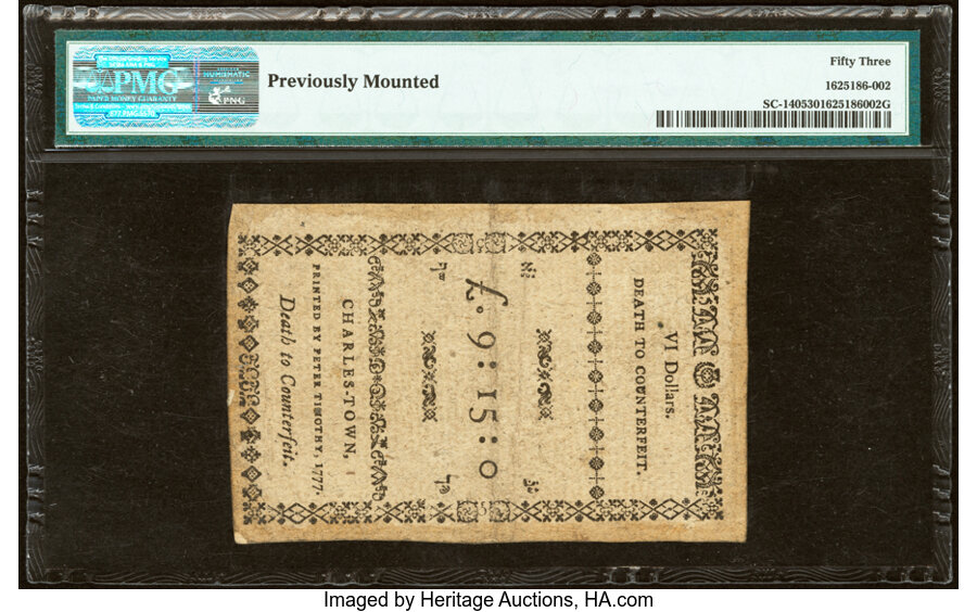Dec 23, 1776,1777 on the back $6  South Carolina (Fr. SC140) thumbnail 9